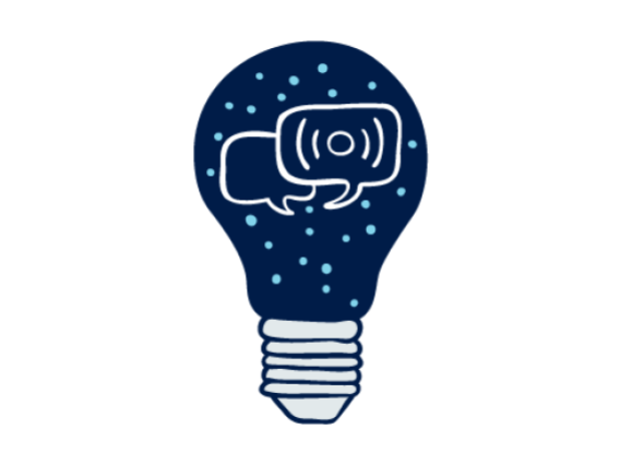 Blue lightbulb with speech bubbles graphic