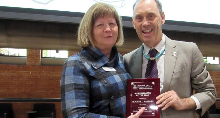 Award recipient pictured on stage with plaque, standing next to award presenter.